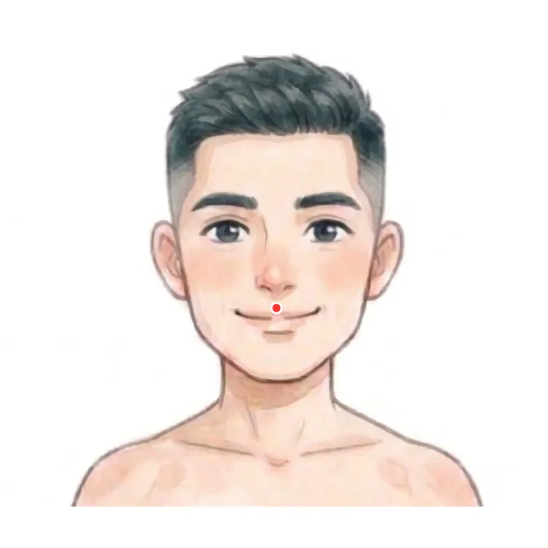兌端(だたん)GV27の部位と取穴法のイラスト。上唇結節上縁の中点に取る